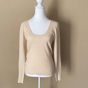 A New Day Fitted Ribbed Cream Long Sleeve Scoop Neck Top Large NWT